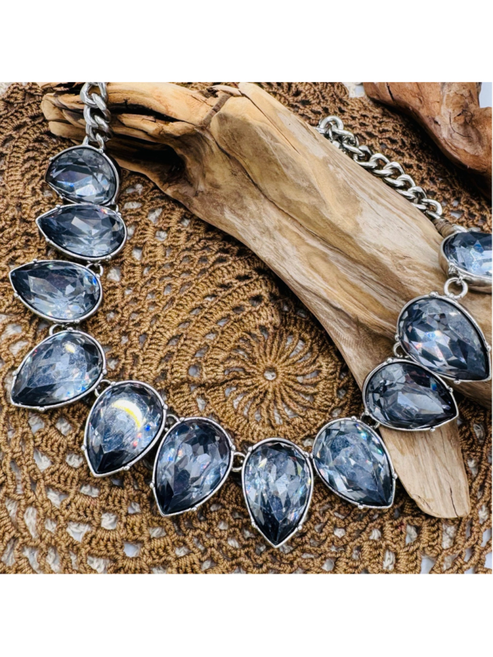 04-Smoky Grey Crystal Teardrop Statement Necklace